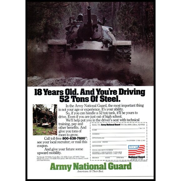 1987 US Army National Guard Recruiting Recruiter Vintage Print Ad Tank Wall Art - Picture 1 of 2